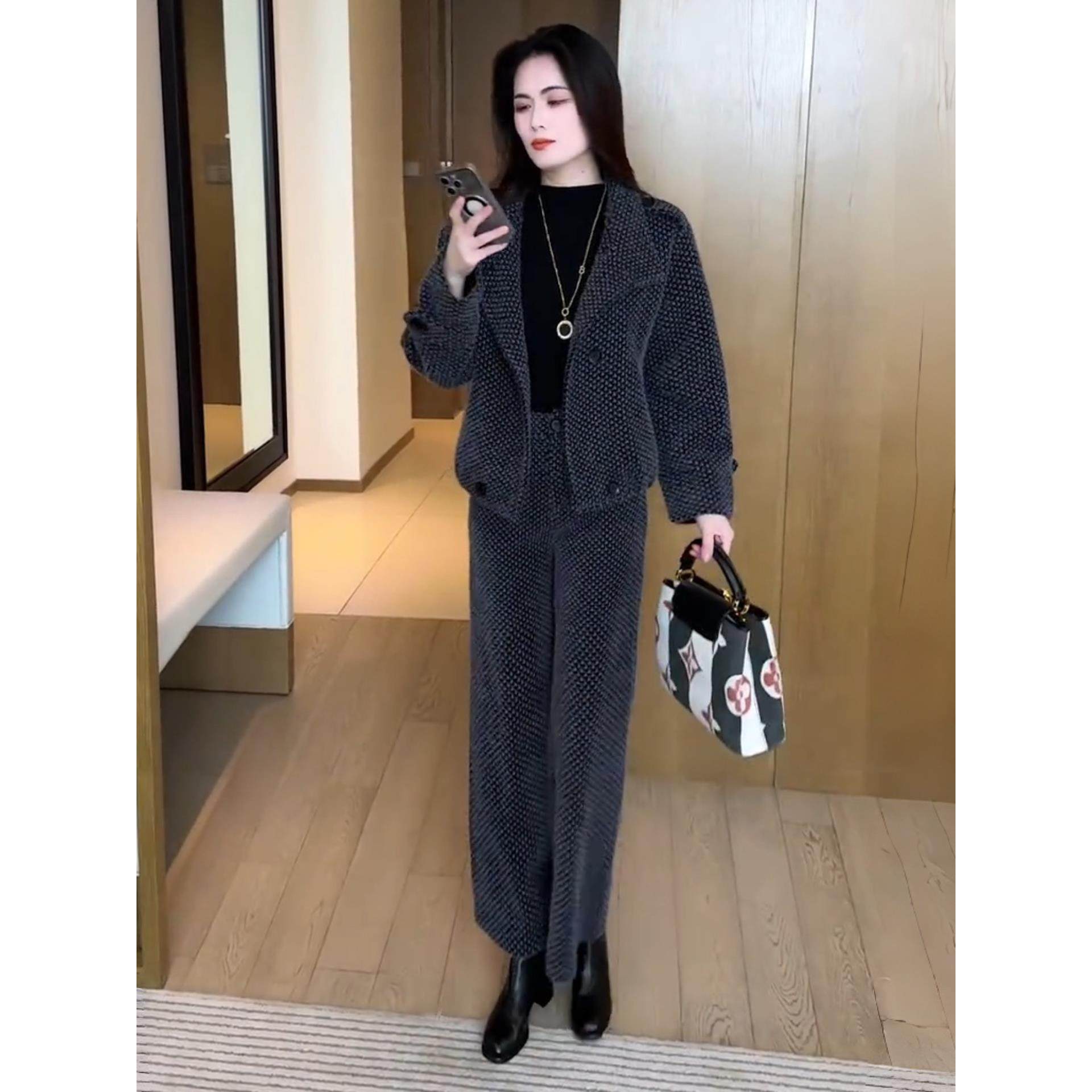 MONLOUVE时尚气质套装女冬季新款洋气千鸟格西装上衣阔腿裤休闲保,淘宝优惠券,粉丝福利购,淘宝优惠卷