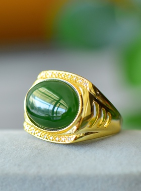 沙金天然和田玉碧玉财源滚滚玉戒