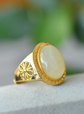 沙金天然和田玉白玉财源滚滚玉戒