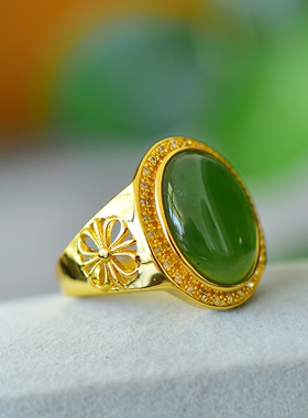 沙金天然和田玉碧玉财源滚滚玉戒