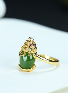 纯银古法金天然和田玉碧玉招财貔貅活口女款玉戒戒指戒圈配证书