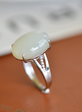 纯银古法金天然和田玉白玉精致财源滚滚活口戒指戒圈指环配证书