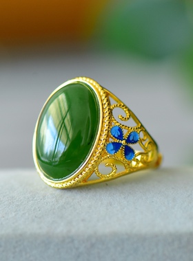 沙金天然和田玉碧玉财源滚滚玉戒