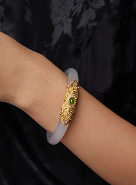 天然天山翠白月光玉镯久不掉色古法沙金镶玉手镯女款福镯美镯