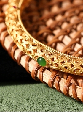 久不掉色古法沙金天然和田玉碧玉金丝印花祥云精美福镯手镯玉镯