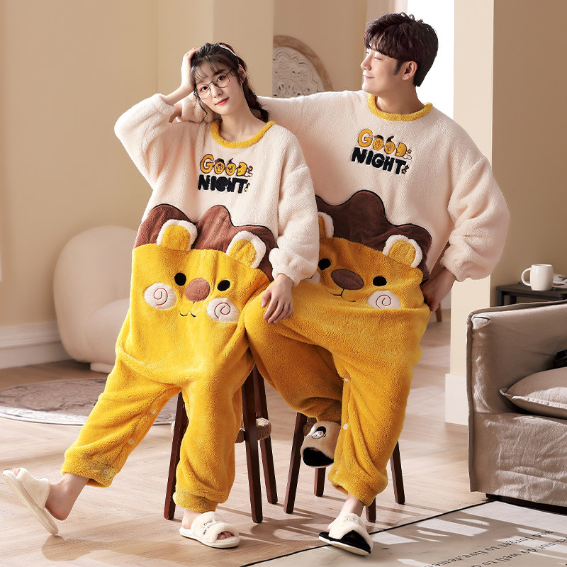 冬款情侣连体可爱法兰绒保暖睡衣 蔓菁芳睡衣/家居服套装