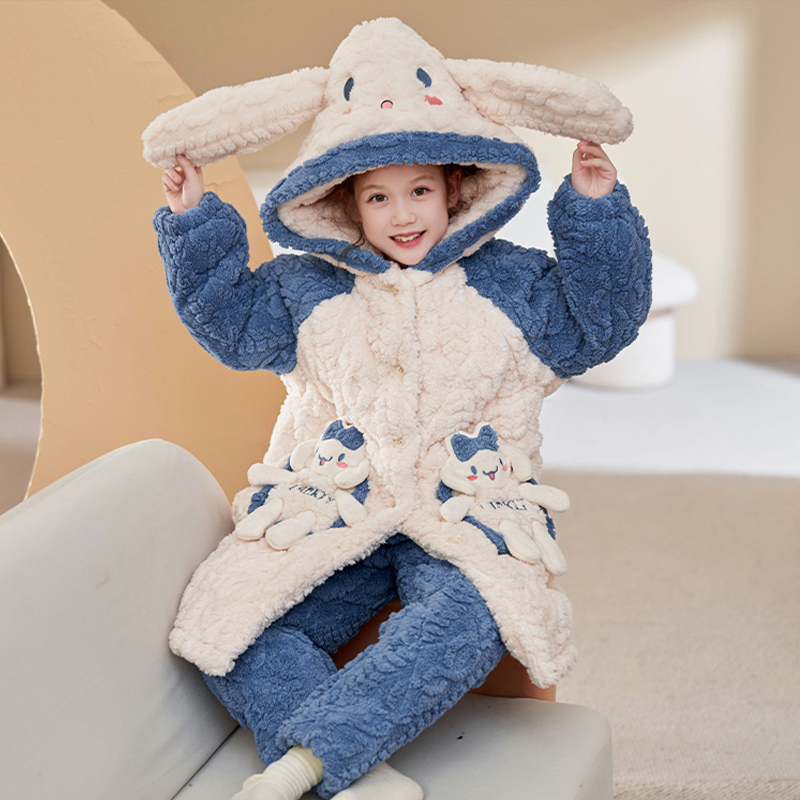 女童珊瑚绒睡衣加厚冬季大童三层夹棉卡皮巴拉儿童睡袍家居服套装 - 图3