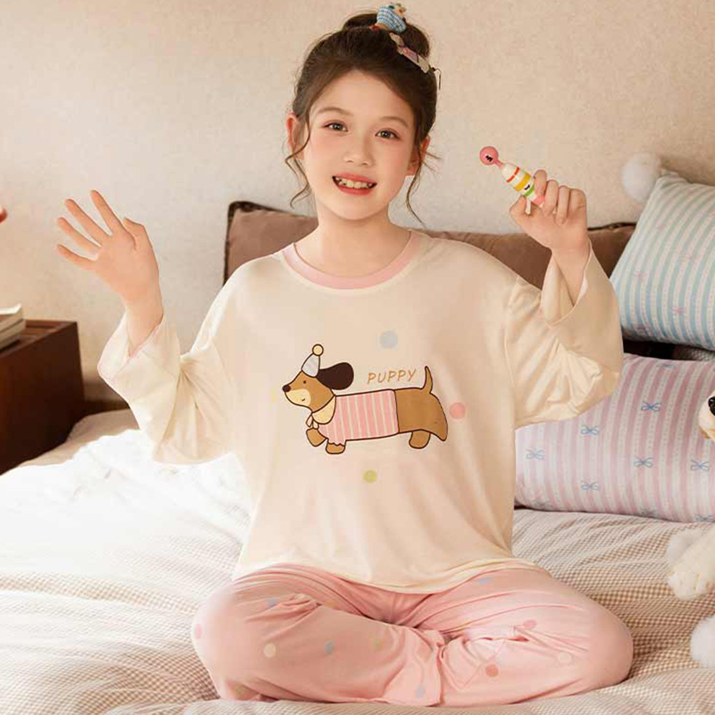 儿童睡衣春夏季女童莫代尔长袖长裤带胸垫女孩2026新款家居服套装,淘宝优惠券,粉丝福利购,淘宝优惠卷