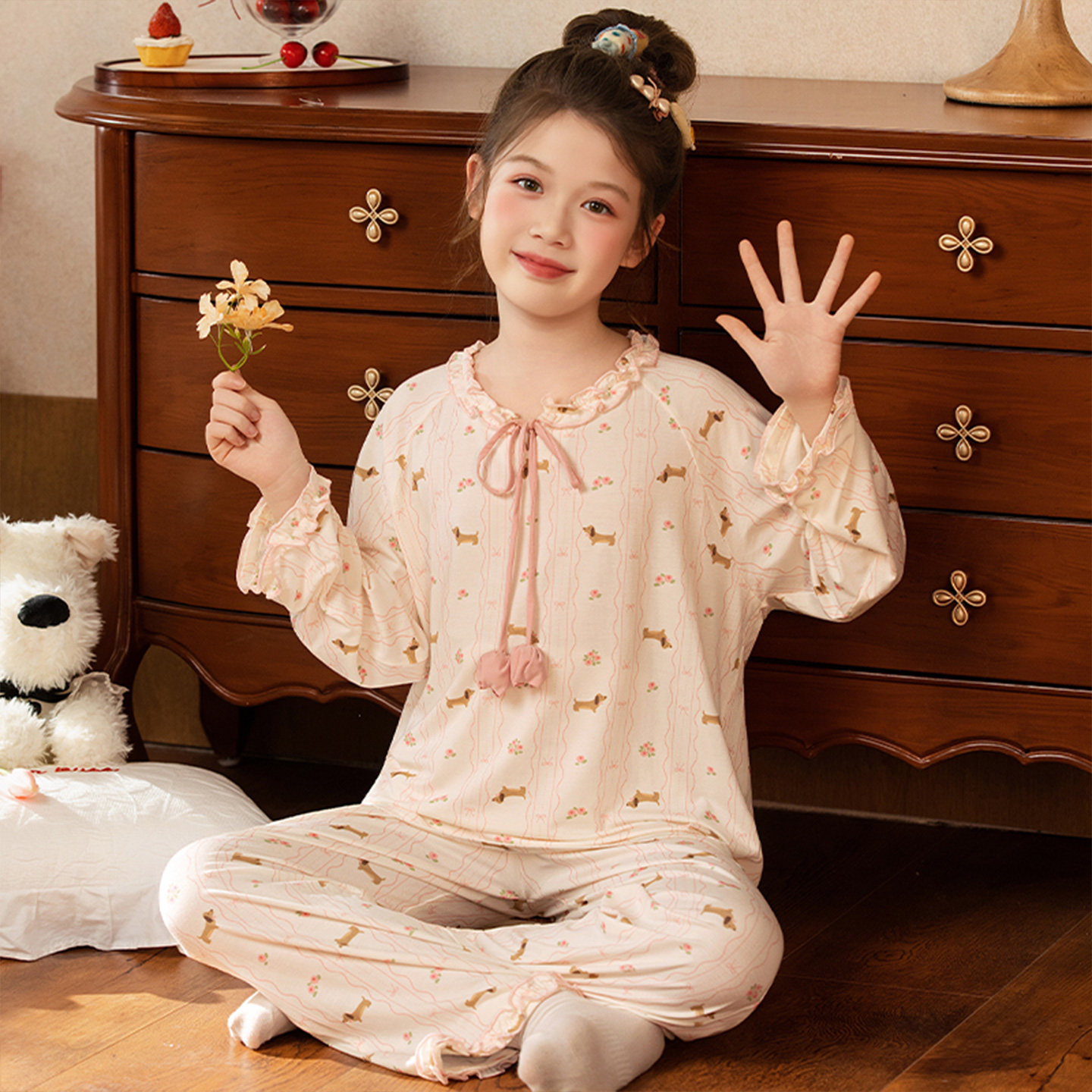 儿童睡衣春夏季女童莫代尔长袖长裤带胸垫女孩2026新款家居服套装,淘宝优惠券,粉丝福利购,淘宝优惠卷