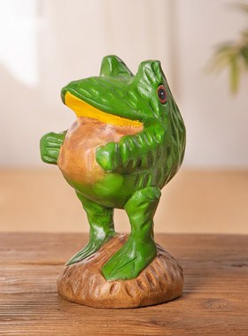 速发木雕青物可爱治愈小摆件办装室好蛙工位情绪桌面公饰解压创意