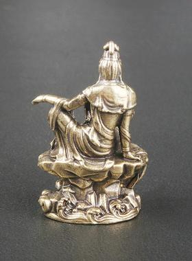 复古黄铜水月观音桌面摆件观世音菩萨铜像工艺品小摆件老铜器