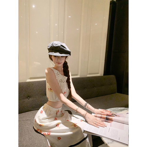 SourceWithU 关岛假日 25亚麻75莱赛尔钩花小飞袖上衣半裙三件套 - 图1