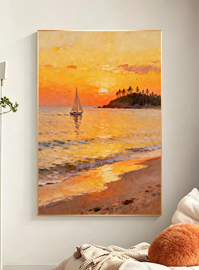 可班手绘油画海边落日玄关装饰画