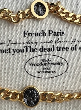 法式复古金色古巴链条项链仿古币雅典娜黑色人像锁骨链百搭显瘦