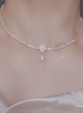 欧美INS饰品新款金色水钻锁骨链短项链排钻满钻水晶女