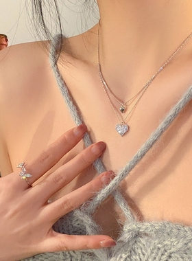 Ins风闪闪惹人爱爱心双层项链女轻奢小众设计感夏季简约锁骨链潮