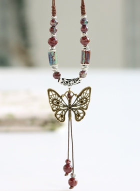 民族风复古串珠蝴蝶项链女新中式古着配饰ins嘻哈潮酷辣妹锁骨链