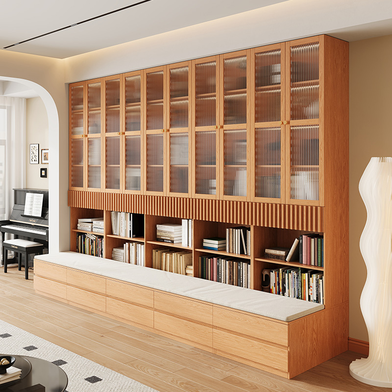 Solid wood custom deck bookcase integrated whole wall living room bookshelf oak full wall storage floor-standing glass display cabinet