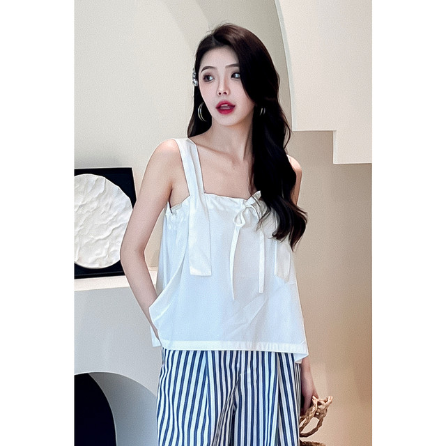 Shifanli white wide shoulder strap bow shirt small shirt short sleeveless shirt for women Eveli outlets store
