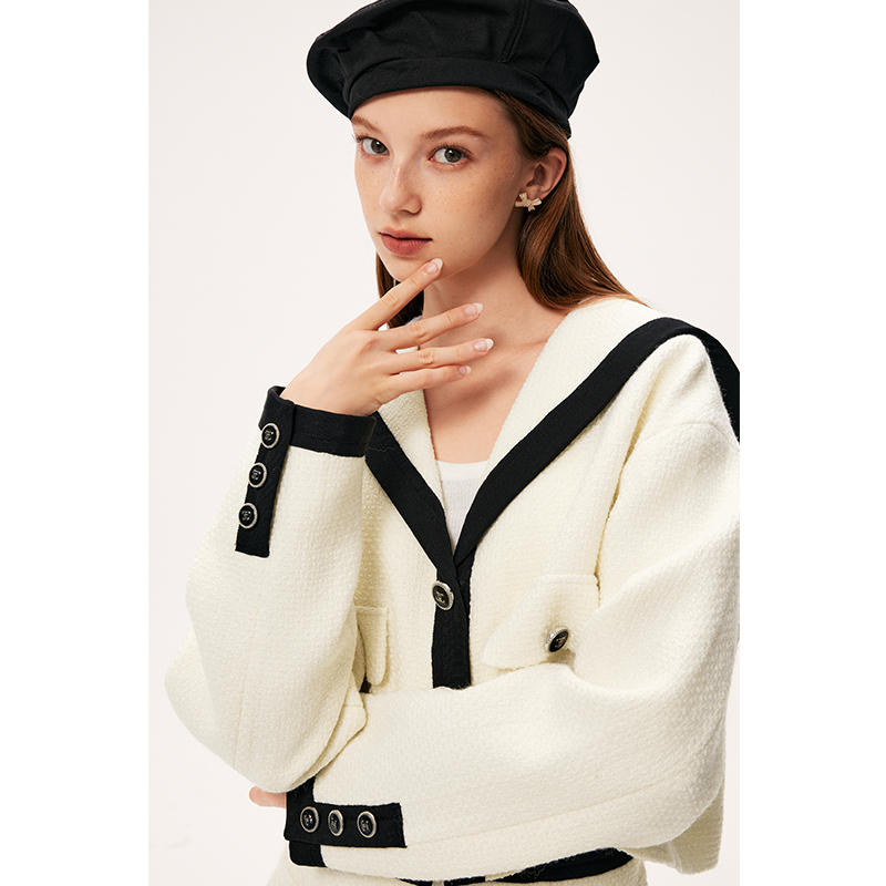 诗凡黎小香风短外套2024年春新款撞色海军风翻领羊毛上衣高腰半裙 - 图3