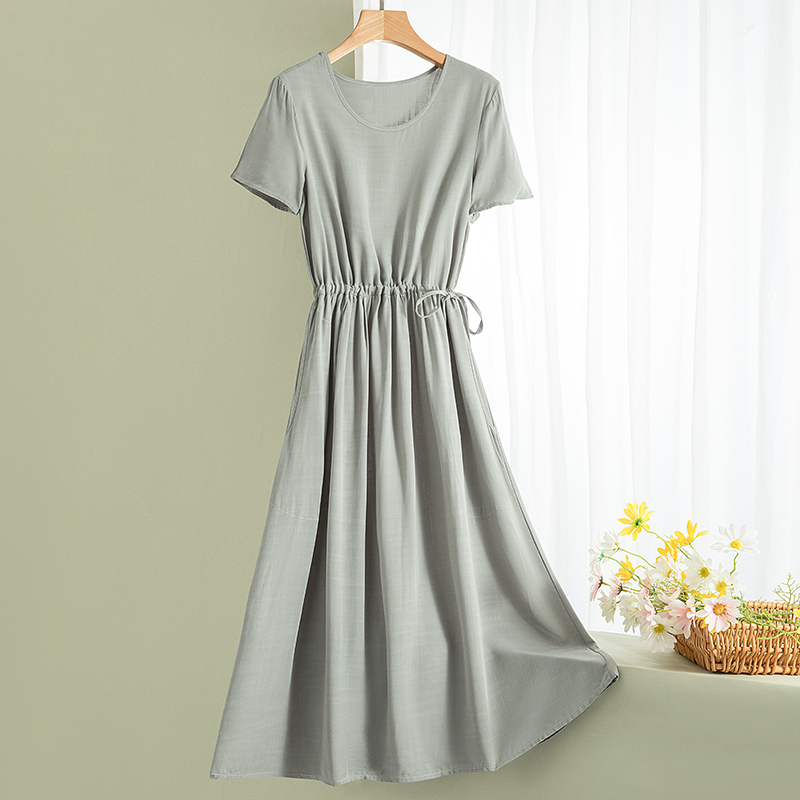 2024新款时尚棉绸夏季连衣裙系带纯色短袖小个子人造棉中长大摆裙