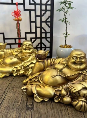 多吉缘黄铜弥勒佛摆像件佛家供奉铜用客厅黄铜笑佛大肚卧佛