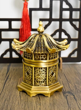 多吉缘仿古纯铜式做旧镂空炉亭子香铜炉器摆铜件古玩收藏客厅装饰