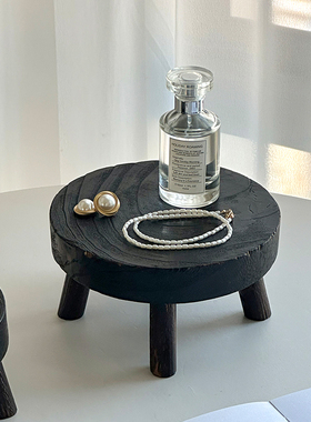 复古小圆凳花架盆栽增高架桌面装饰摆件实木香薰托盘首饰置物架