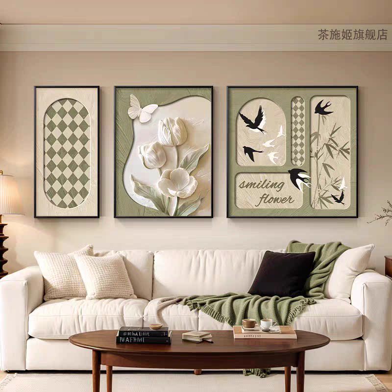 中古风客厅装饰画绿色复古花鸟图三联壁画高级感沙发背景墙挂画
