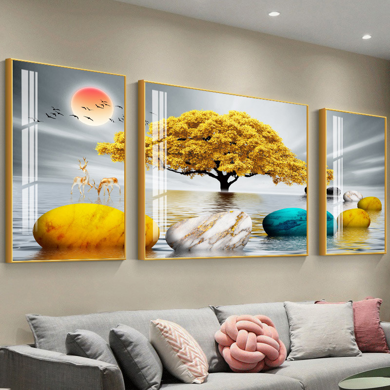 客厅装饰画三联沙发背景墙壁画新中式轻奢挂画简约北欧麋鹿风景画,淘宝优惠券,粉丝福利购,淘宝优惠卷