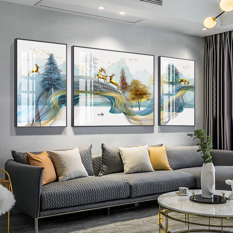 客厅装饰画三联沙发背景墙壁画新中式轻奢挂画简约北欧麋鹿风景画,淘宝优惠券,粉丝福利购,淘宝优惠卷