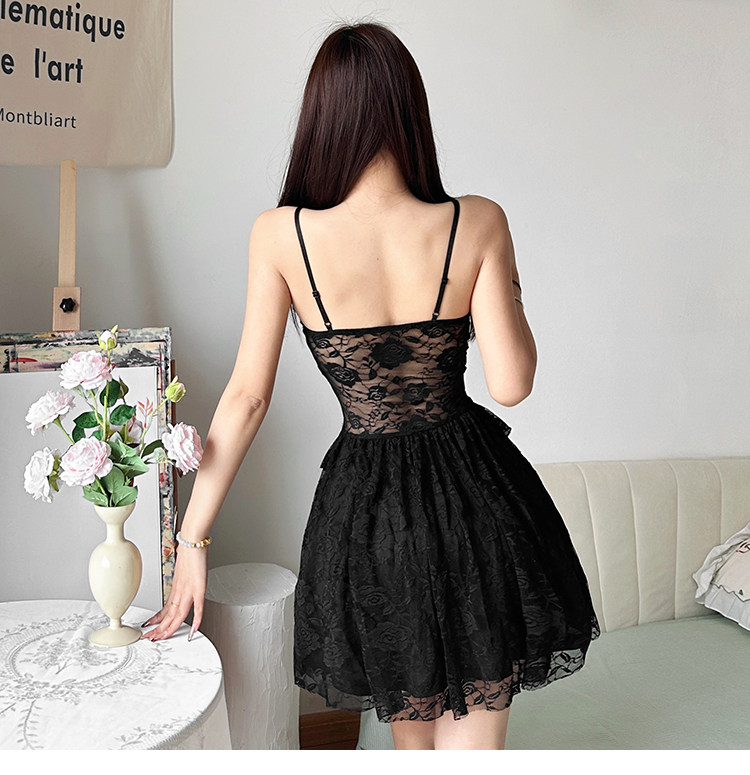 SylCue暗黑系纯欲少女蕾丝拼接透视小性感吊带连衣裙百搭A字裙夏,淘宝优惠券,粉丝福利购,淘宝优惠卷