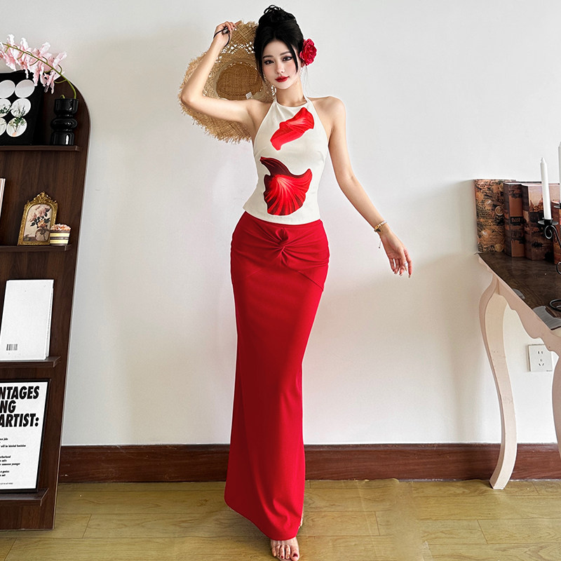 SylCue 惹火又性感别致印花显瘦露肩挂脖吊带拧结包臀半身裙套装,淘宝优惠券,粉丝福利购,淘宝优惠卷