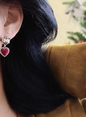 甜美少女红色植绒爱心小熊项链女小众设计可爱百搭银针耳环锁骨链