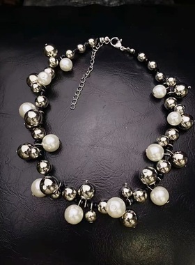 新款银色拼色珍珠项链大小拼接串珠毛衣链衣服配饰锁骨链百搭时尚