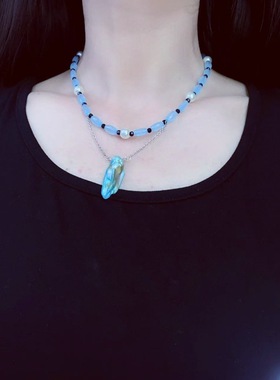 欧美波西米亚风贝壳吊坠项链女海蓝色串珠锁骨链高级感轻奢颈链潮