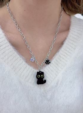 植绒黑猫咪锆石猫爪项链女高级设计感小众甜酷辣妹卫衣链潮冷淡风