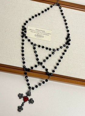 暗黑哥特风多层红色锆石十字架吊坠项链女小众亚文化锁骨链颈链潮