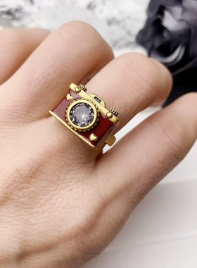 红色珐琅滴釉相机开口戒指女复古小众独特指环新年氛围感食指戒子