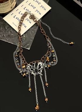 美拉德蝴蝶琥珀多层流苏项链女辣妹小众复古choker高级感锁骨链潮