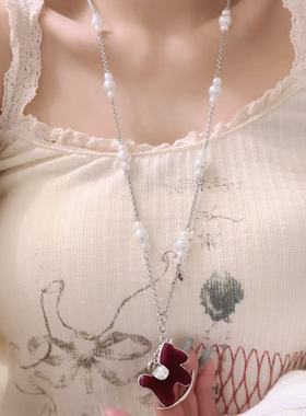 红色植绒微镶串珠小马吊坠项链女款小众独特潮流气质长款毛衣链潮