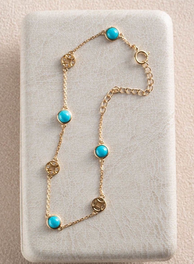 新款仿绿松石手链镀18K金钱币相间女款复古中式时尚小众个性百搭