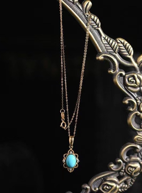 【睡美人】仿蓝瓷松蛋面绿松石镀18K金镶嵌钻石吊坠项链高级感