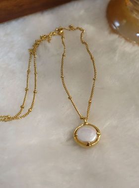 镀18K金淡水珍珠项链女文艺小香风双面吊坠精致气质复古锁骨链