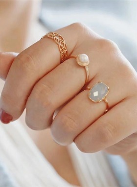 海蓝宝方糖镀18K金戒指方形水晶轻奢戒指简约小众设计简约百搭