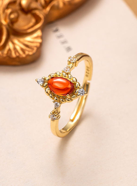 玫瑰色昭和椭圆镀金复古戒指女