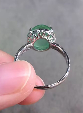 冰种晴底蛋面戒指女镀S925银镶嵌伴钻饱优雅富贵满圆润大气指环