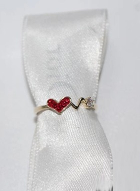 锆石微镶红色爱心锆石心电图时尚戒指指环ins个性潮流小众通勤