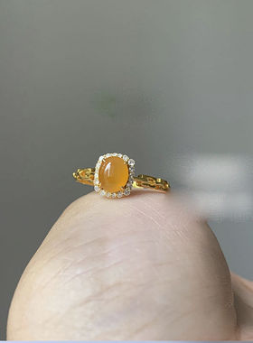 黄玉髓蛋面镶嵌钻精美开口戒指女