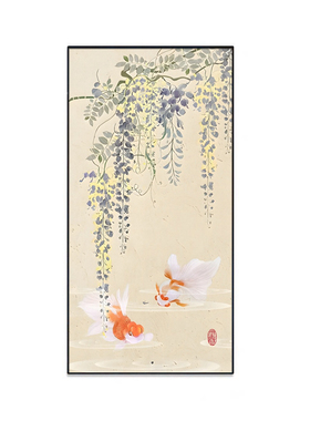 竖版新中式禅意走廊过道挂画花鸟茶室壁画鹊上枝头入户玄关装饰画